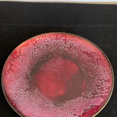 Vintage enamel copper plate Mid Century Modern abstract design dish 9.5â€