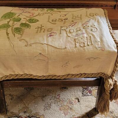 Lot 78: Antique/Vintage Stool with Antique Partial Hand Stitched Pillow Case Covering