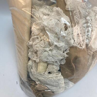 Large Bag of Mixed Vintage Lace, Sewing Notions, & Linens