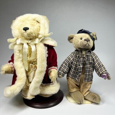 Pair of Collector Teddy Bear Plush Stuffed Animals with Display Stands