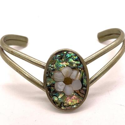 Mother of Pearl Abalone Flower Medallion Cuff Bracelet Mexico