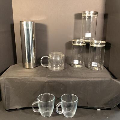 Lot 3038. Bodum Canisters with Stainless Lids  & Clear Glass Pot / Clear Glass Mugs / Stainless Canister