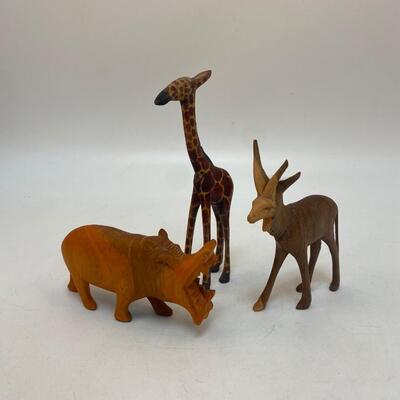 Carved Wood African Safari Wild Animal Figurines Hippo Giraffe Impala
