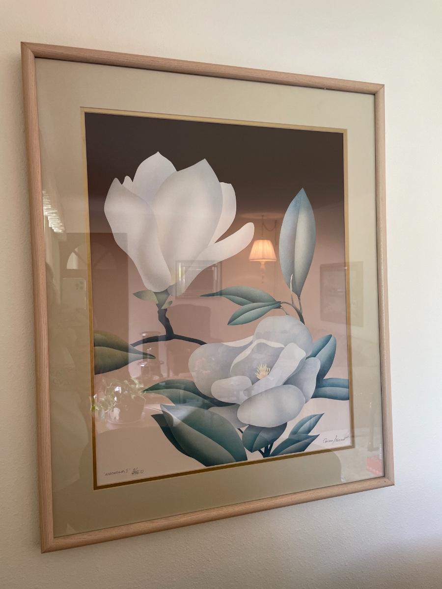 P. Campos/Tessant “Magnolia” wood framed art 26lx31”h