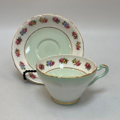 Pale Mint Green & Floral Teacup and Saucer Wellington China