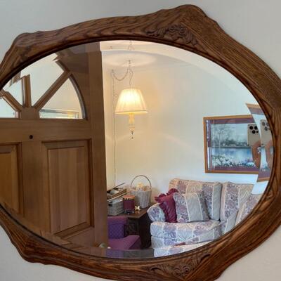 Wood framed oval mirror wall decor