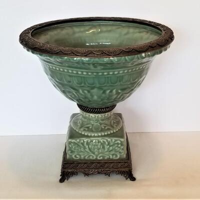 Lot #92 Decorative Urn - Celadon Green with Metal Trim