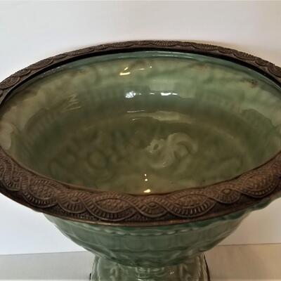 Lot #92 Decorative Urn - Celadon Green with Metal Trim