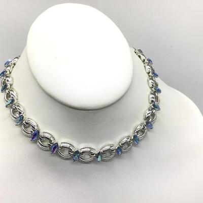 Coro Vintage Necklace Silertone With Blue Rhinestones