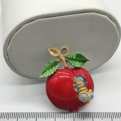 Vintage Worm apple Brooch. Worm moves in and out. Metal