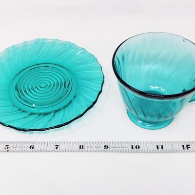 AQUA BLUE DEPRESSION GLASS CUP AND SAUCER