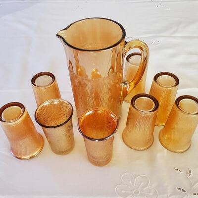 Vintage Marigold Amber Glass Pitcher with 8 Juice Glasses