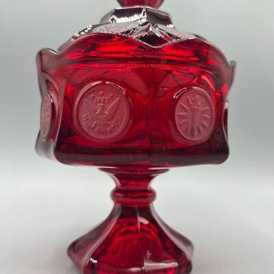 Vintage Fostoria Ruby Red Art Glass Coin Pattern Covered Candy Compote Dish