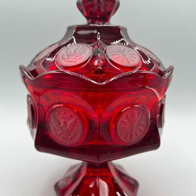 Vintage Fostoria Ruby Red Art Glass Coin Pattern Covered Candy Compote Dish