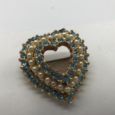 Vintage Seapearl and Baby Blue Rhinestone Heart Brooch