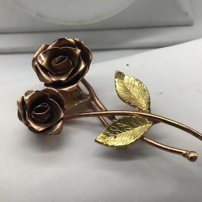 Bronze and Gold Tone Double Rose Brooch