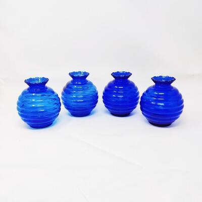 VINTAGE COBALT BLUE RIBBED VASES MARKED USA