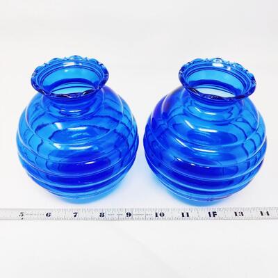 VINTAGE COBALT BLUE RIBBED VASES MARKED USA