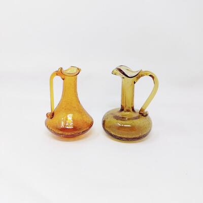 VINTAGE AMBER CRACKLE GLASS PETITE PITCHER VASES