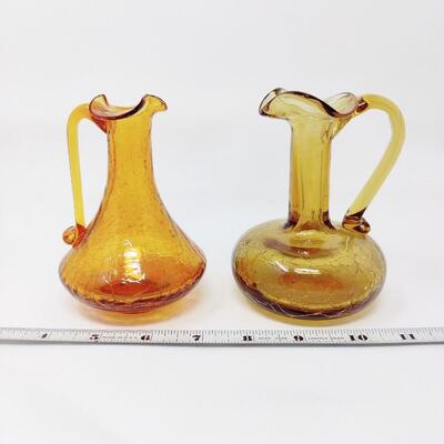 VINTAGE AMBER CRACKLE GLASS PETITE PITCHER VASES