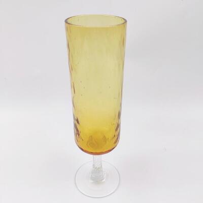 VINTAGE AMBER GLASS OPTIC CYLINDER VASE W/ CLEAR TWISTED STEM