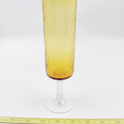 VINTAGE AMBER GLASS OPTIC CYLINDER VASE W/ CLEAR TWISTED STEM