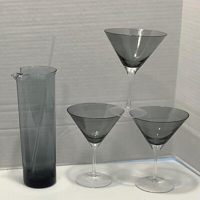 Lot 3046. Mid-Century Modern Smokey Gray Martini Pitcher & Martini Glasses