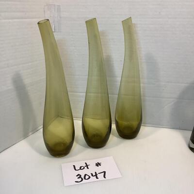 Lot 3047 Three Mid-Century Modern Yellow Blenko Bent Neck Hand Blown Glass Vases