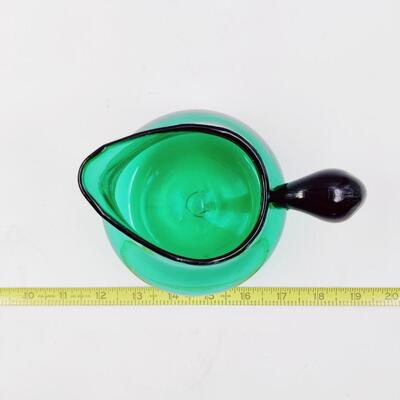 UNIQUE GREEN HAND BLOWN SHORT GLASS PITCHER