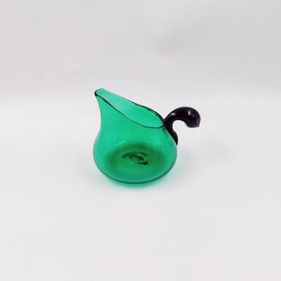 UNIQUE GREEN HAND BLOWN SHORT GLASS PITCHER