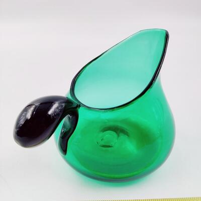 UNIQUE GREEN HAND BLOWN SHORT GLASS PITCHER