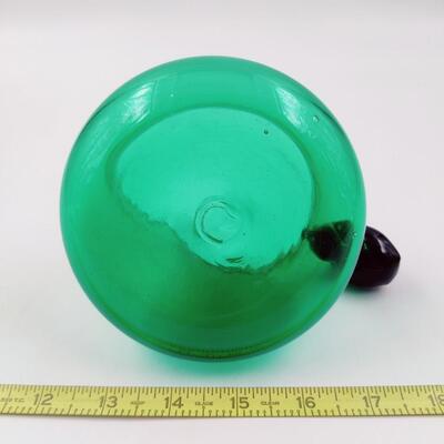 UNIQUE GREEN HAND BLOWN SHORT GLASS PITCHER