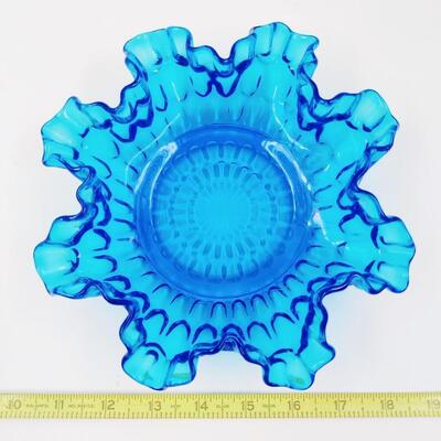 STELLAR VINTAGE FENTON COLONIAL BLUE THUMBPRINT PATTERN RUFFLE BOWL