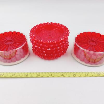 FUN VINTAGE RED PLASTIC COASTERS AND SHAKER SETS