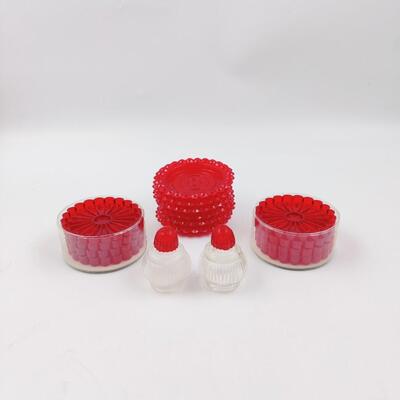 FUN VINTAGE RED PLASTIC COASTERS AND SHAKER SETS