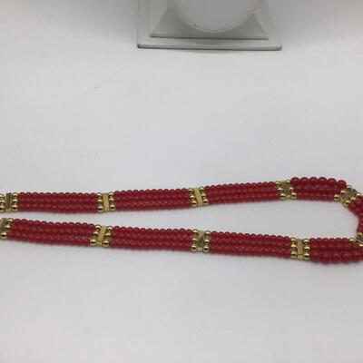 Red Gold Tone Vintage Fashion 3 Strand Necklace