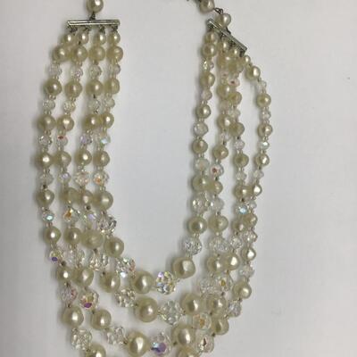 Gorgeous Vintage 4Strand Glass Beaded And Faux Pearl Style Necklace