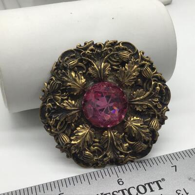 Antique Gold Tone Brooch with Large Pink Faux Stone
