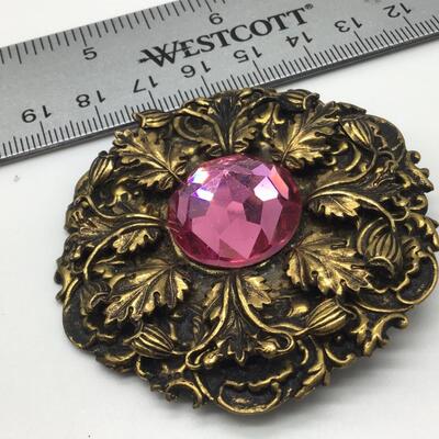 Antique Gold Tone Brooch with Large Pink Faux Stone
