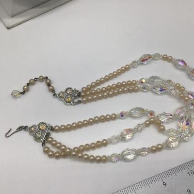 Vintage Iridescent Glass An Faux Pearl 3Strand Necklace. Heavy
