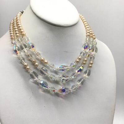 Vintage Iridescent Glass An Faux Pearl 3Strand Necklace. Heavy