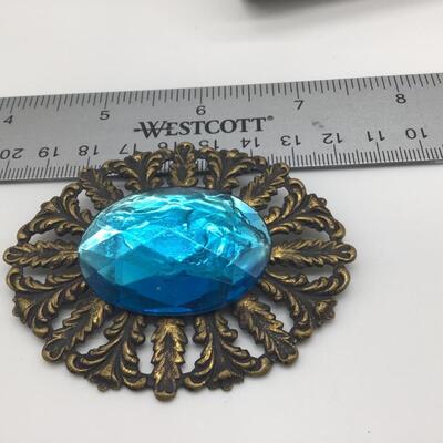 Large Antique Gold Tone With Large Faux Sea Blue Stone