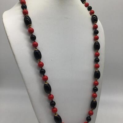 Vintage black Red Beaded Necklace. With Gold Tone Accent
