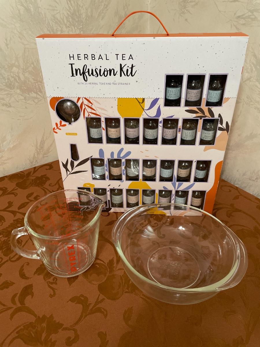 Herbal tea kit & pyrex bowl with measuring cup