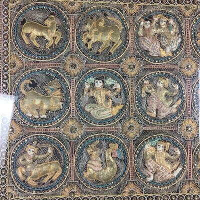 3096 Vintage Kalaqa Tapestry Thai Wall Hanging with Zodiac Signs.
