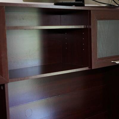 COMPUTER DESK UNIT WITH FROSTED DOORS FINISH W/CHERRY FINISH /BRUSH CHROME HANDLES