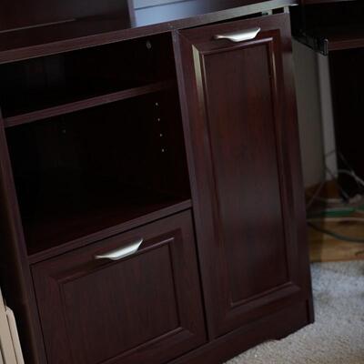 COMPUTER DESK UNIT WITH FROSTED DOORS FINISH W/CHERRY FINISH /BRUSH CHROME HANDLES
