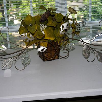 WIRE ART WITH LEAVES OF SILVERTONE , SILK PLANT IN BASKET WITH FAUX GRAPES