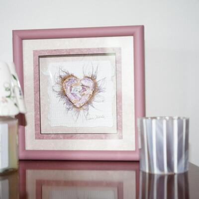 GROUPING OF DECORATIVE ART TO INCLUDE DIMENSIONAL FRAMED PAPER SCULPTURE ART , CANDLES