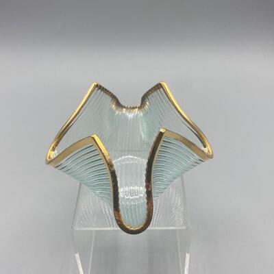 Retro Gold Edge Pale Blue Ribbed Art Glass Abstract Bowl Dish Signed